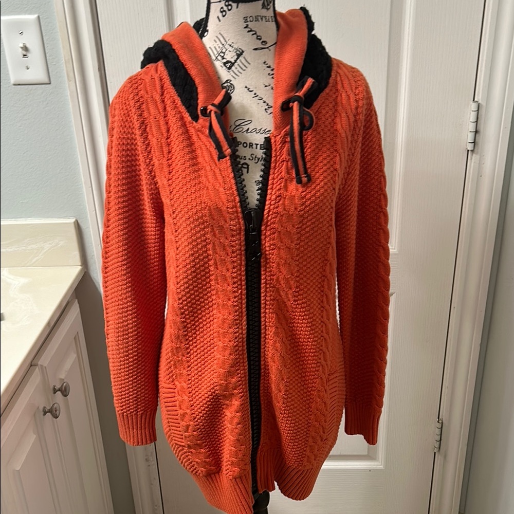 Bold Orange and Black Knit Cardigan with Long Sleeves
